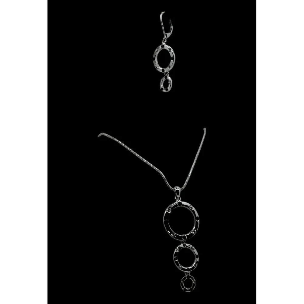 Cookie Lee Jewelry Set Silver Tone Faux Onyx CZ Pendant Necklace Earrings 90s